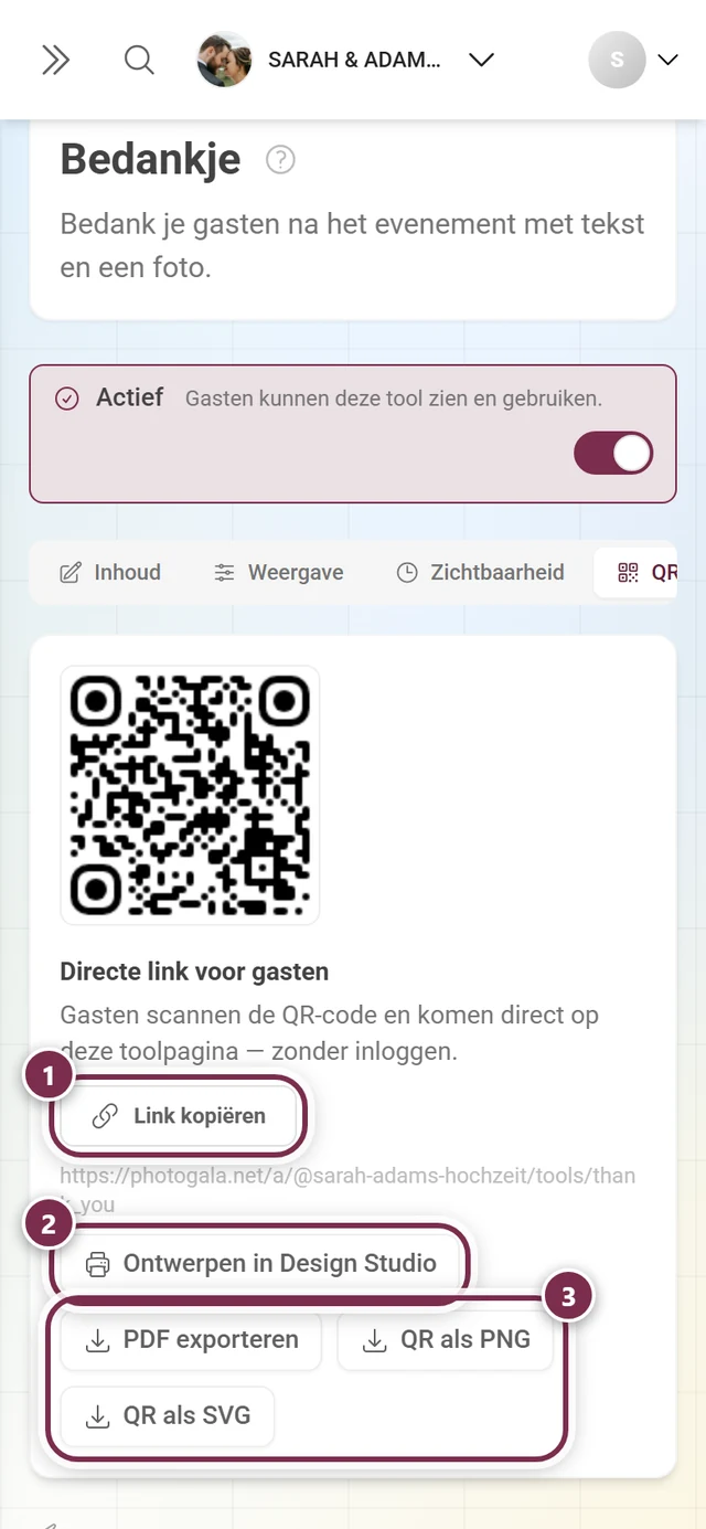 Tabblad QR-code met directe link, knop voor Design Studio en de drie bestandsexports