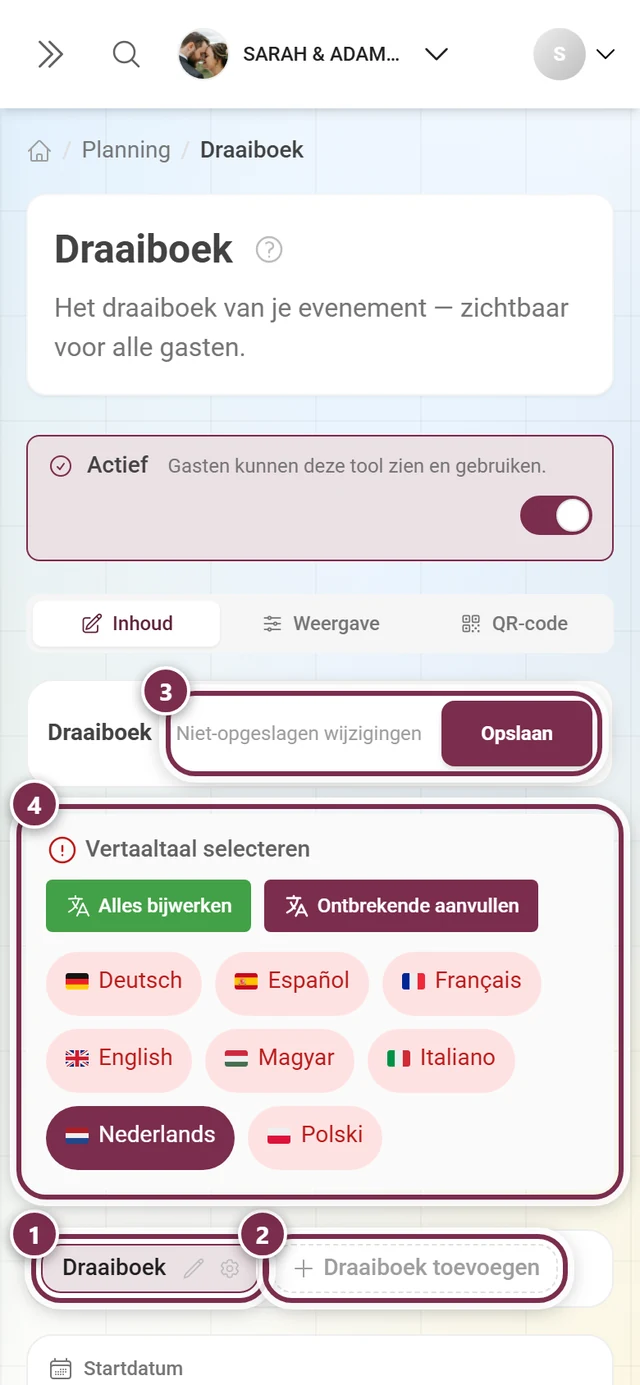 Draaiboektool met gemarkeerde tabbladbalk, Draaiboek toevoegen, taalbalk en Opslaan