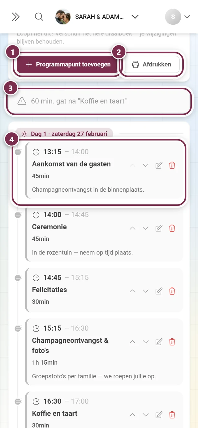 Draaiboekeditor met gemarkeerd Programmapunt toevoegen, Afdrukken, de gat-waarschuwing en het eerste programmapunt