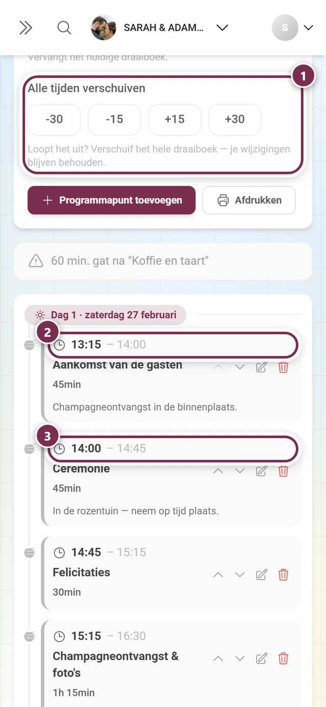 Blok Alle tijden verschuiven met de vier knoppen en de eerste twee gemarkeerde programmapunten