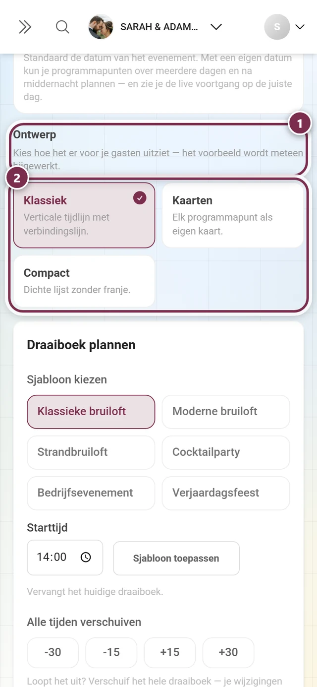 Sectie Ontwerp met gemarkeerde koptekst inclusief melding en de drie ontwerpkaarten