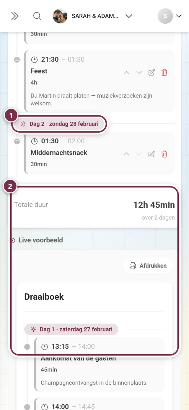 Einde van de programmapuntenlijst met gemarkeerde dagscheiding en de voettekst Totale duur