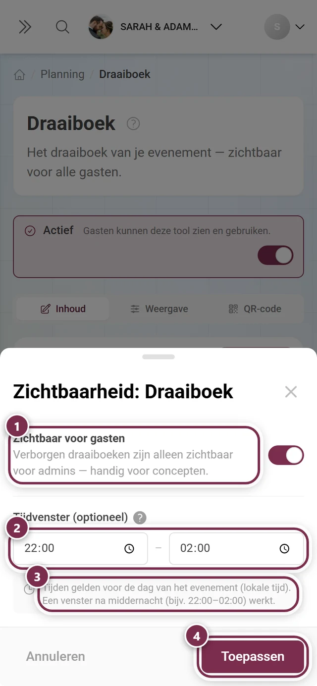 Dialoogvenster Zichtbaarheid: Programma met gemarkeerde schakelaar, de twee tijdvelden, de melding en de knop Toepassen