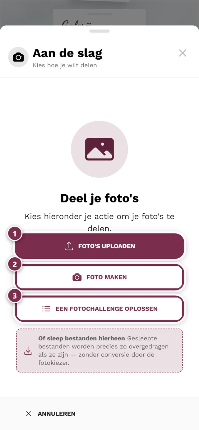 Uploaddialoog met de bronnen Foto's uploaden en Foto maken