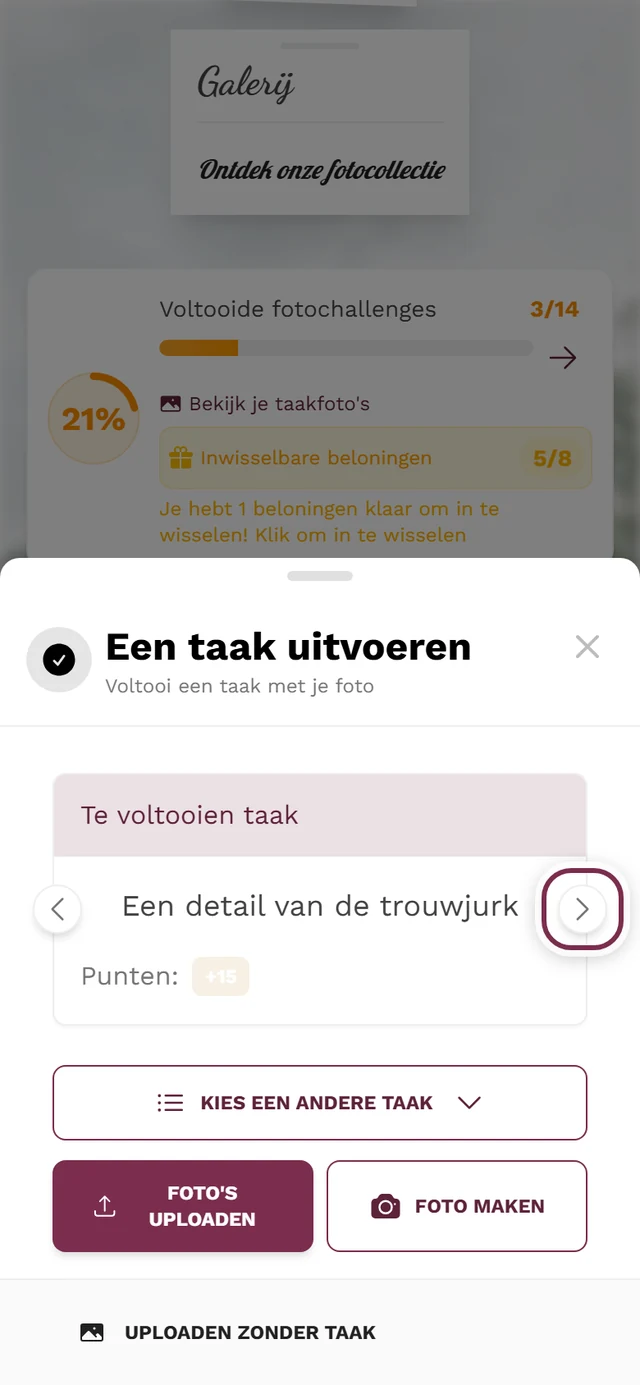 Taakkaart in het uploadvenster, de pijl Volgende taak is gemarkeerd