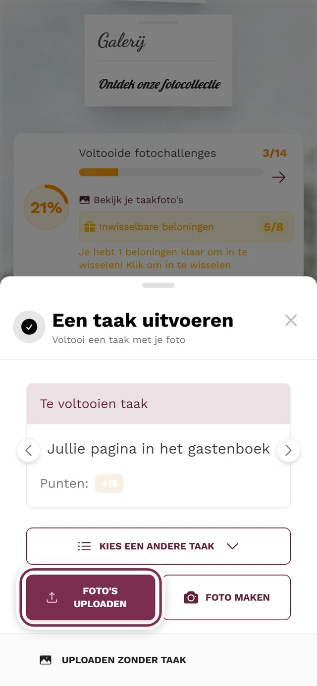 Stap 2 van de uploaddialoog met de gekozen taak, de knop Foto's uploaden is gemarkeerd
