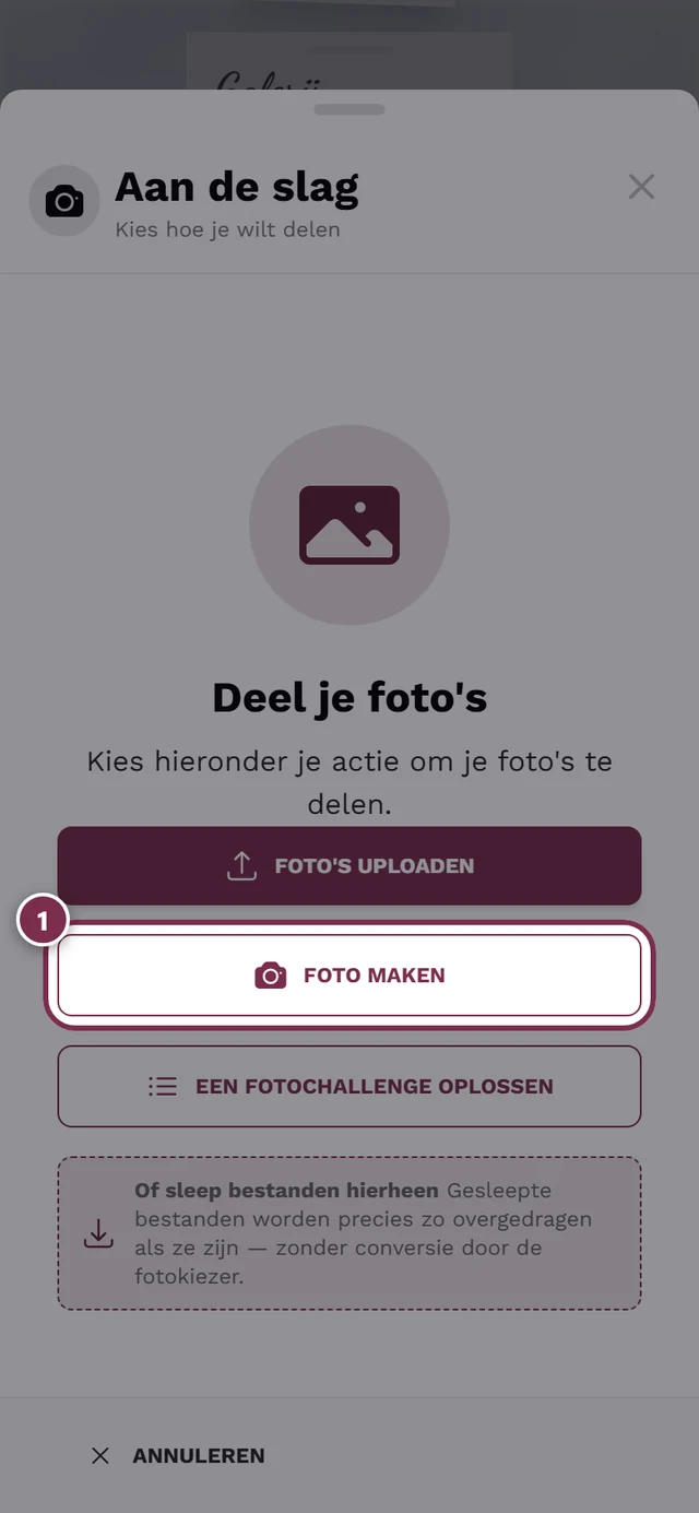 Uploadvenster met gemarkeerde knop Foto maken