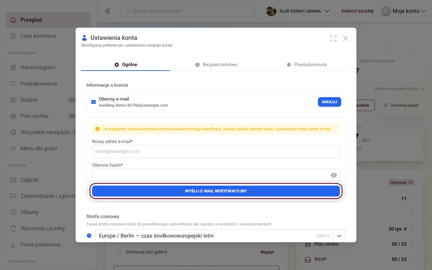 Ustawienia konta z otwartym formularzem zmiany e-maila, zaznaczony przycisk Wyślij e-mail weryfikacyjny