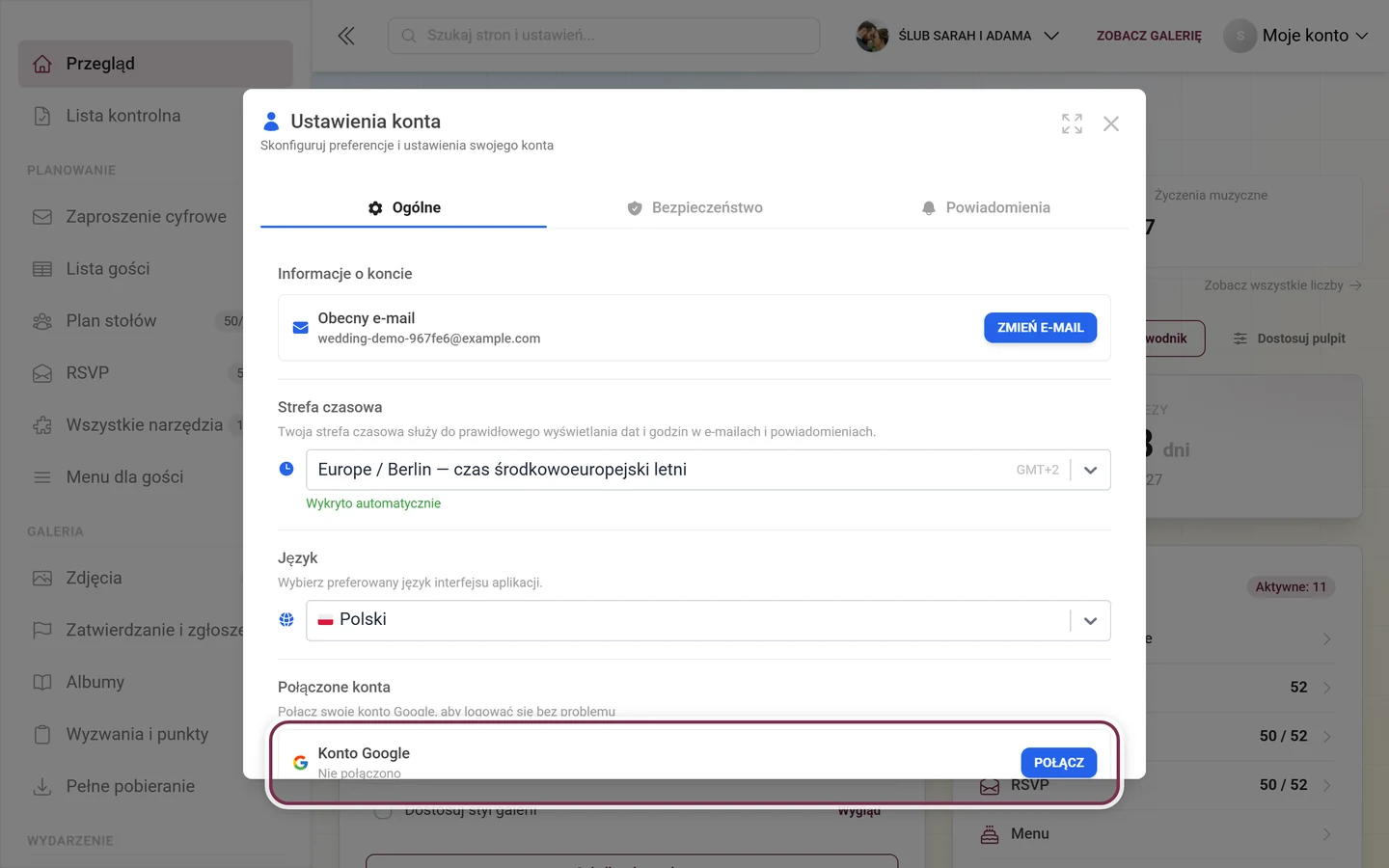 Ustawienia konta, sekcja Połączone konta z zaznaczonym wierszem Konto Google