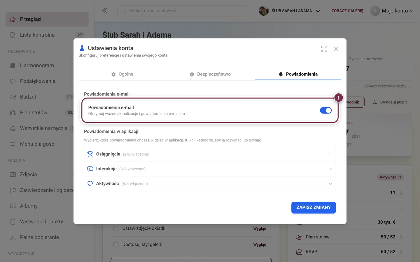 Zakładka Powiadomienia z zaznaczonym na czerwono polem Powiadomienia e-mail i przełącznikiem po prawej