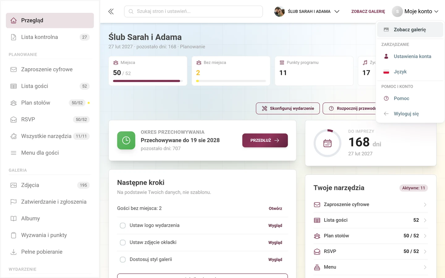Otwarte menu konta w panelu administratora z sekcją Zarządzanie