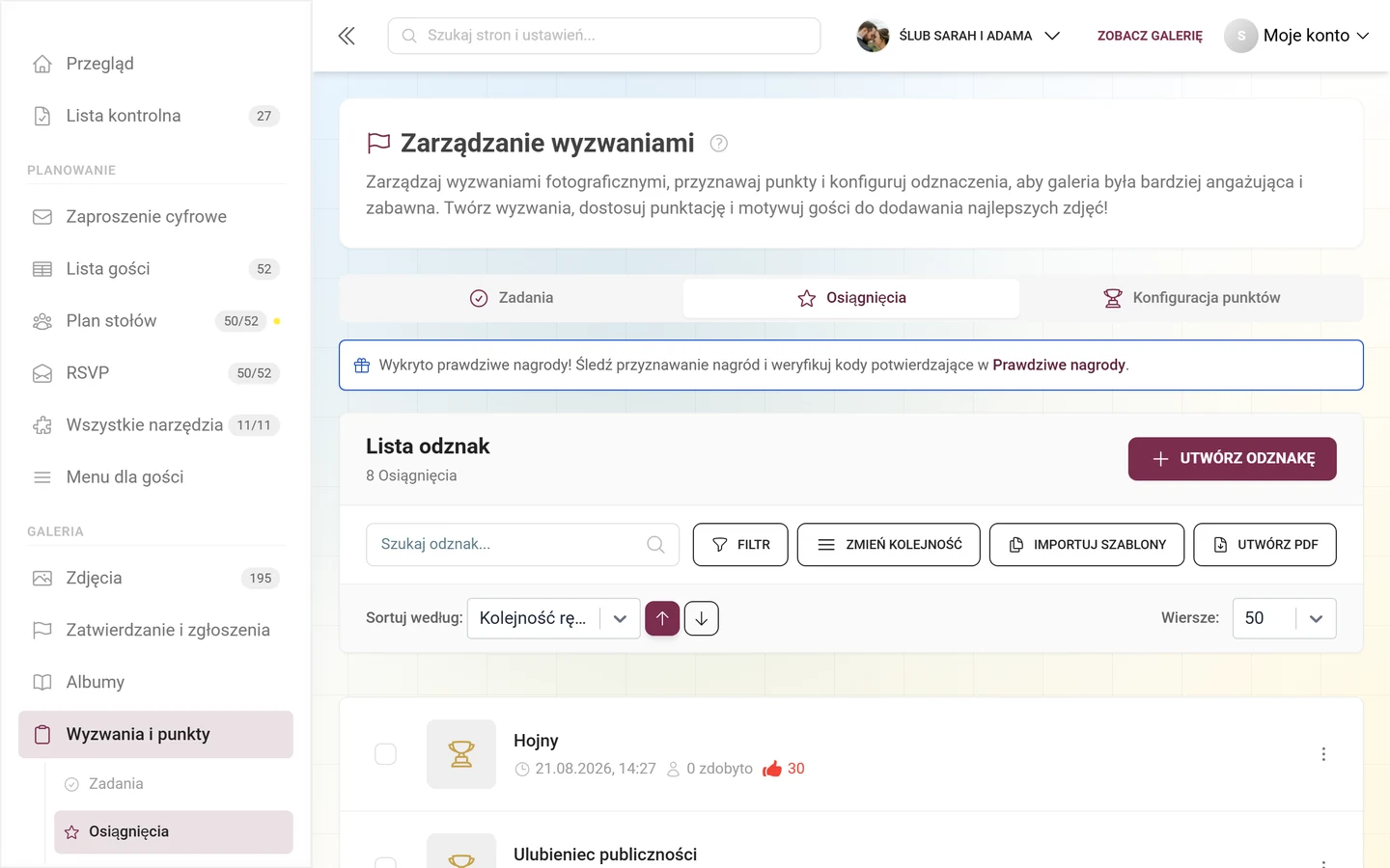 Zarządzanie osiągnięciami z odznakami, nagrodami i warunkami