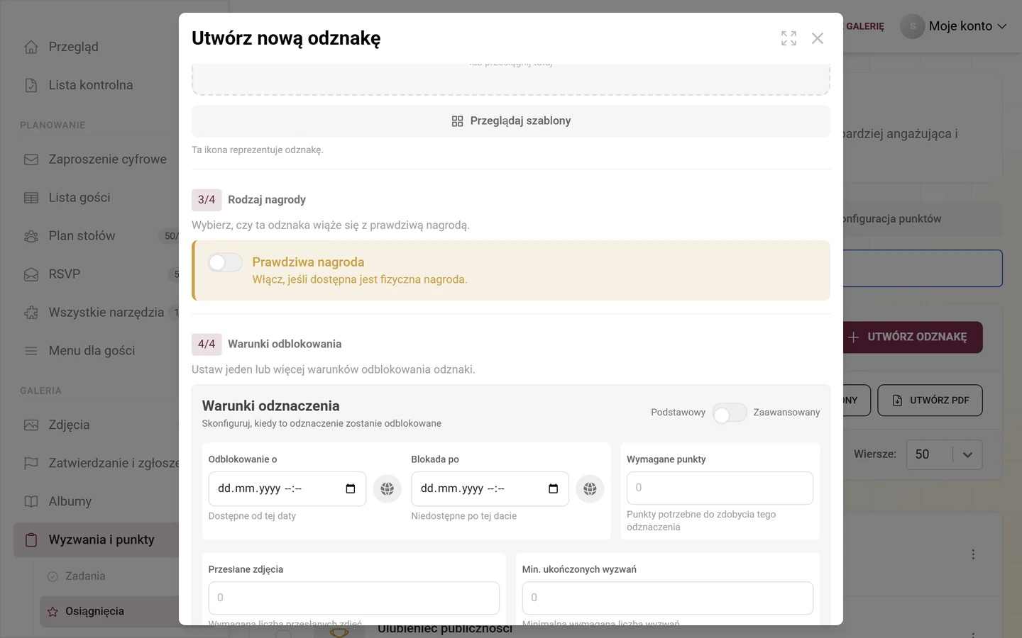 Sekcja 4/4 Warunki odblokowania z przełącznikiem Podstawowy/Zaawansowany i polami Odblokowanie o, Blokada po, Wymagane punkty, Przesłane zdjęcia