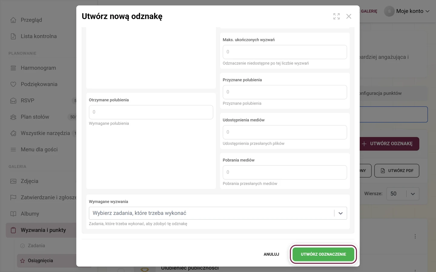 Dolna część edytora osiągnięć z oznaczonym na czerwono przyciskiem Utwórz odznakę obok Anuluj