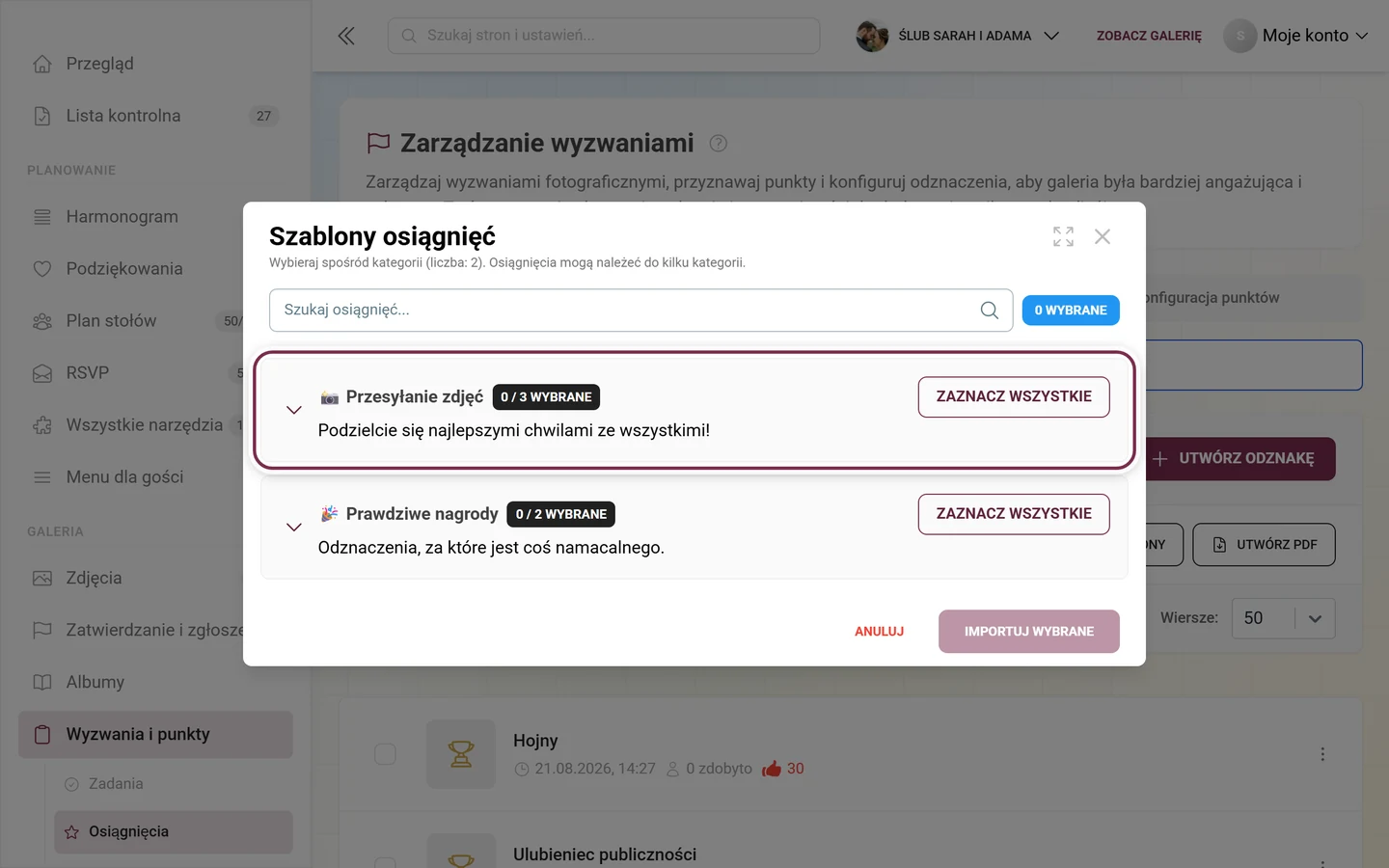 Okno Szablony osiągnięć z oznaczonym na czerwono pierwszym wierszem kategorii
