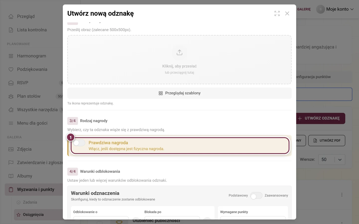 Sekcja Rodzaj nagrody w edytorze z oznaczonym na czerwono, jeszcze wyłączonym przełącznikiem Prawdziwa nagroda