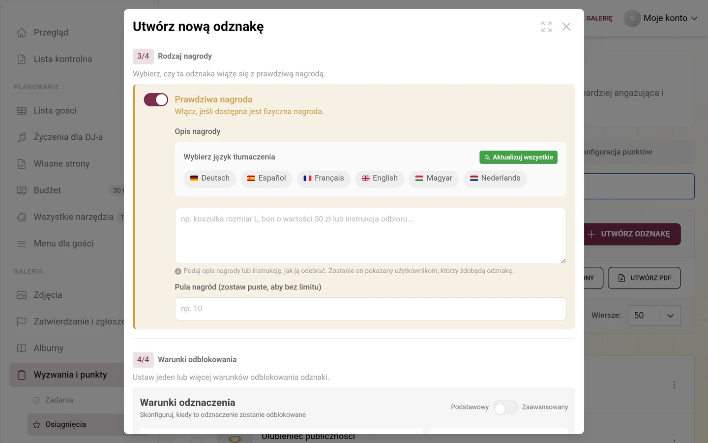 Sekcja 3/4 Rodzaj nagrody z włączonym przełącznikiem Prawdziwa nagroda, polem Opis nagrody i polem Pula nagród