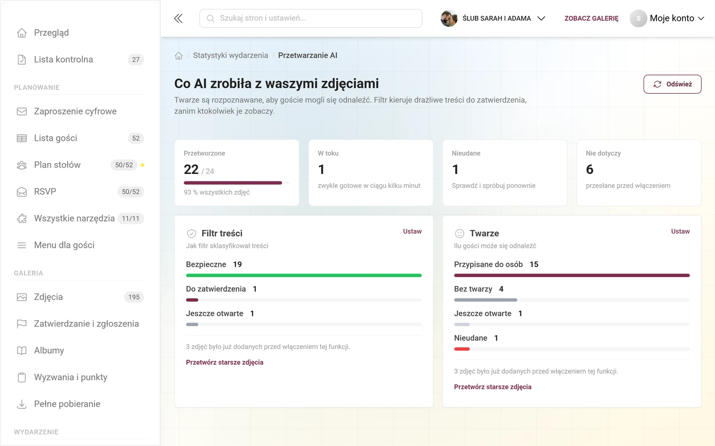 Karty Filtr treści i Twarze z paskami, nad nimi cztery kafelki wskaźników