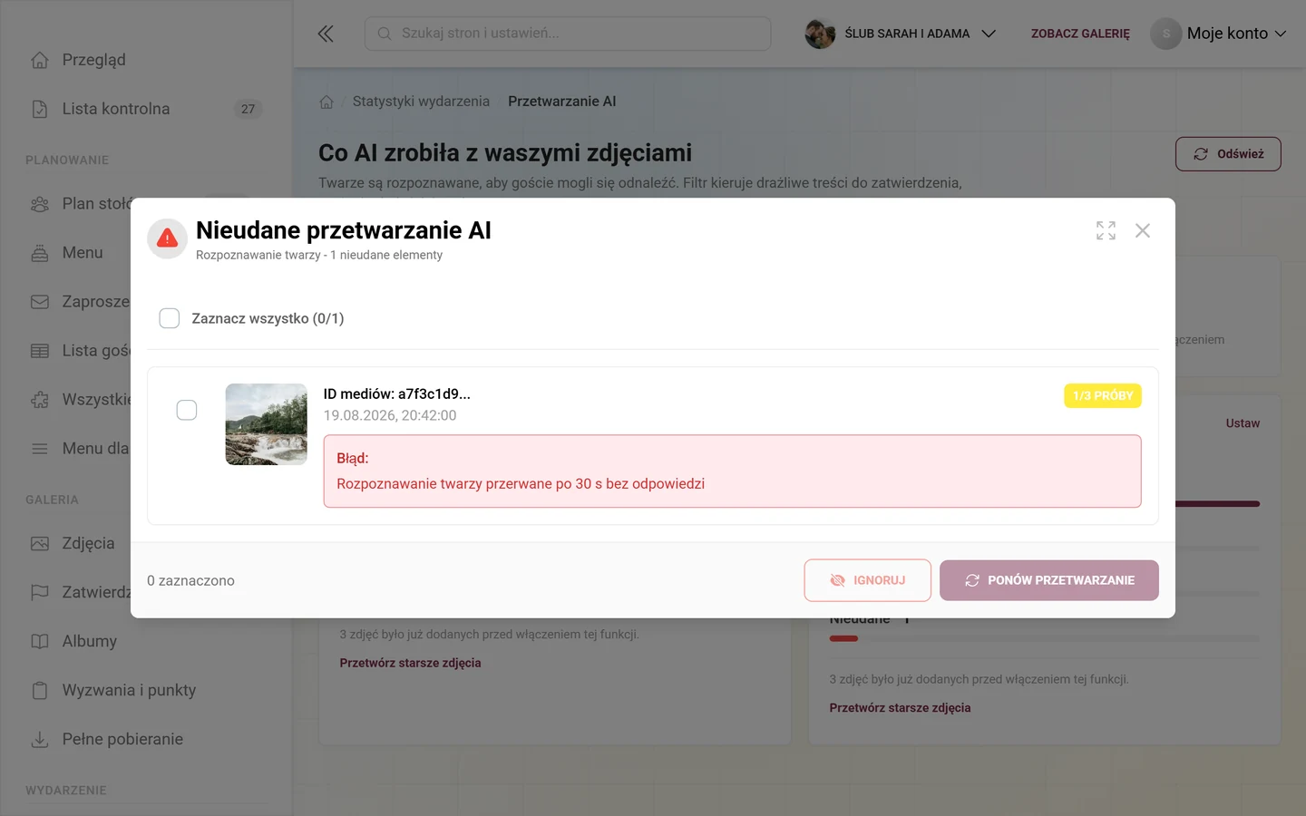 Okno Nieudane przetwarzanie AI z jednym wpisem z miniaturą, etykietą prób i czerwonym polem błędu