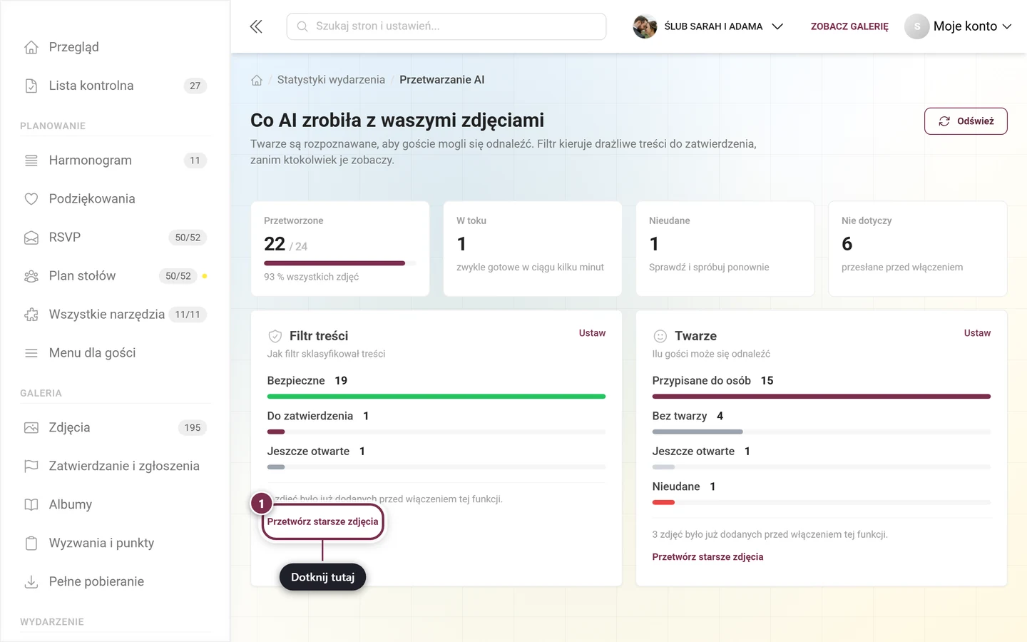 Karta funkcji przetwarzania AI z oznaczonym przyciskiem Przetwórz starsze zdjęcia