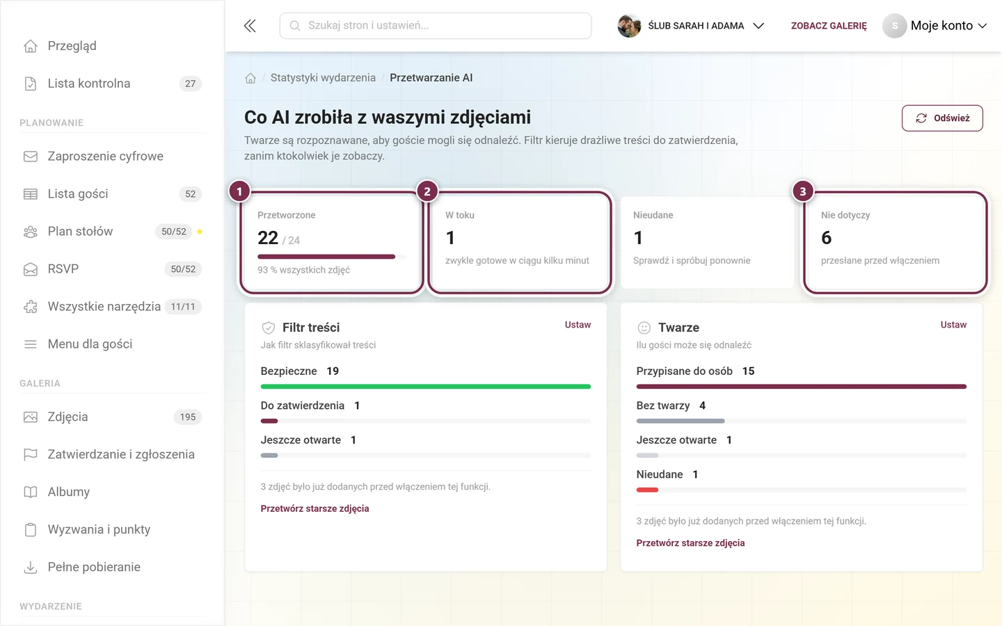 Rząd kafelków przetwarzania AI z oznaczonymi kafelkami Przetworzone, W toku i Nie dotyczy
