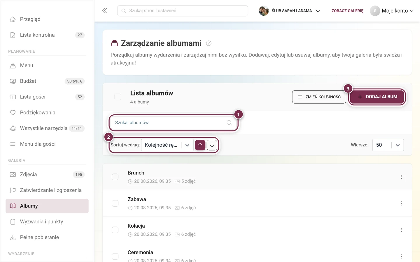 Nagłówek zarządzania albumami z zaznaczonym polem wyszukiwania, sortowaniem i przyciskiem Dodaj album
