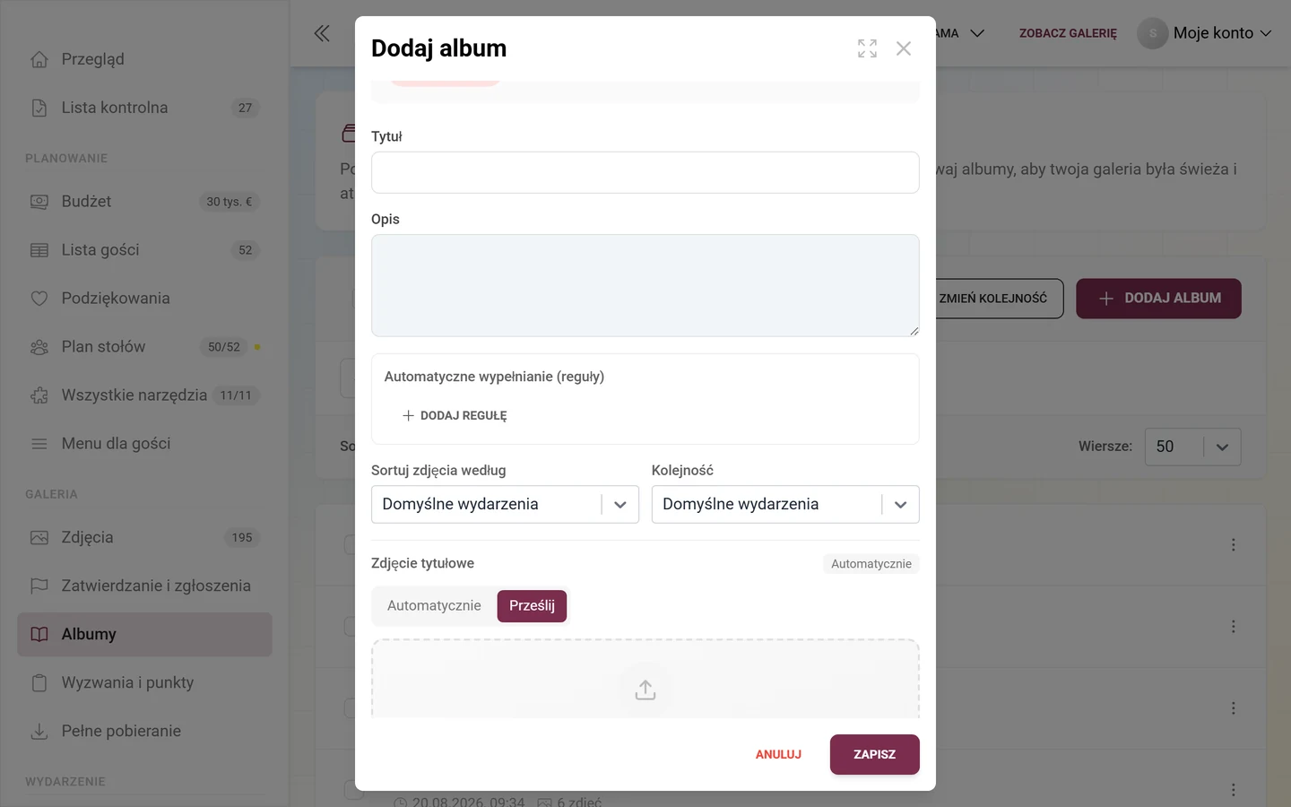 Okno albumu z sekcją Automatyczne wypełnianie (reguły) i przyciskiem Dodaj regułę