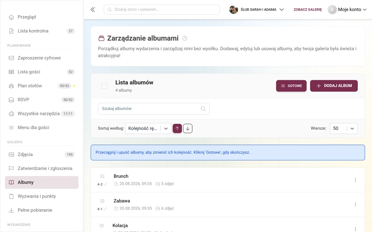 Zarządzanie albumami w trybie zmiany kolejności ze wskazówką o przeciąganiu i przyciskiem Gotowe