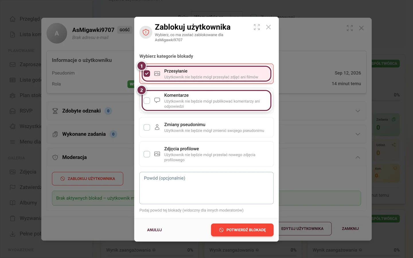 Okno Wybierz kategorie blokady z zaznaczonymi kartami Przesyłanie i Komentarze