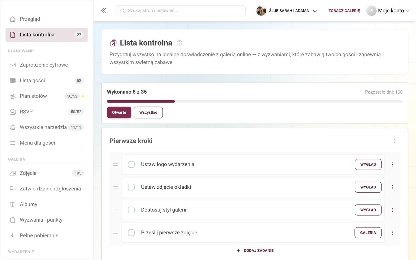 Lista kontrolna konfiguracji z nagłówkiem postępu, kategoriami i zadaniami