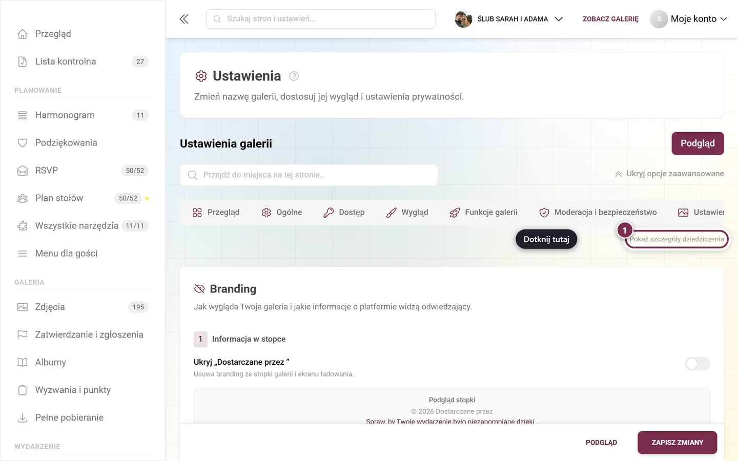 Karta White-label z wyróżnionym przełącznikiem szczegółów dziedziczenia