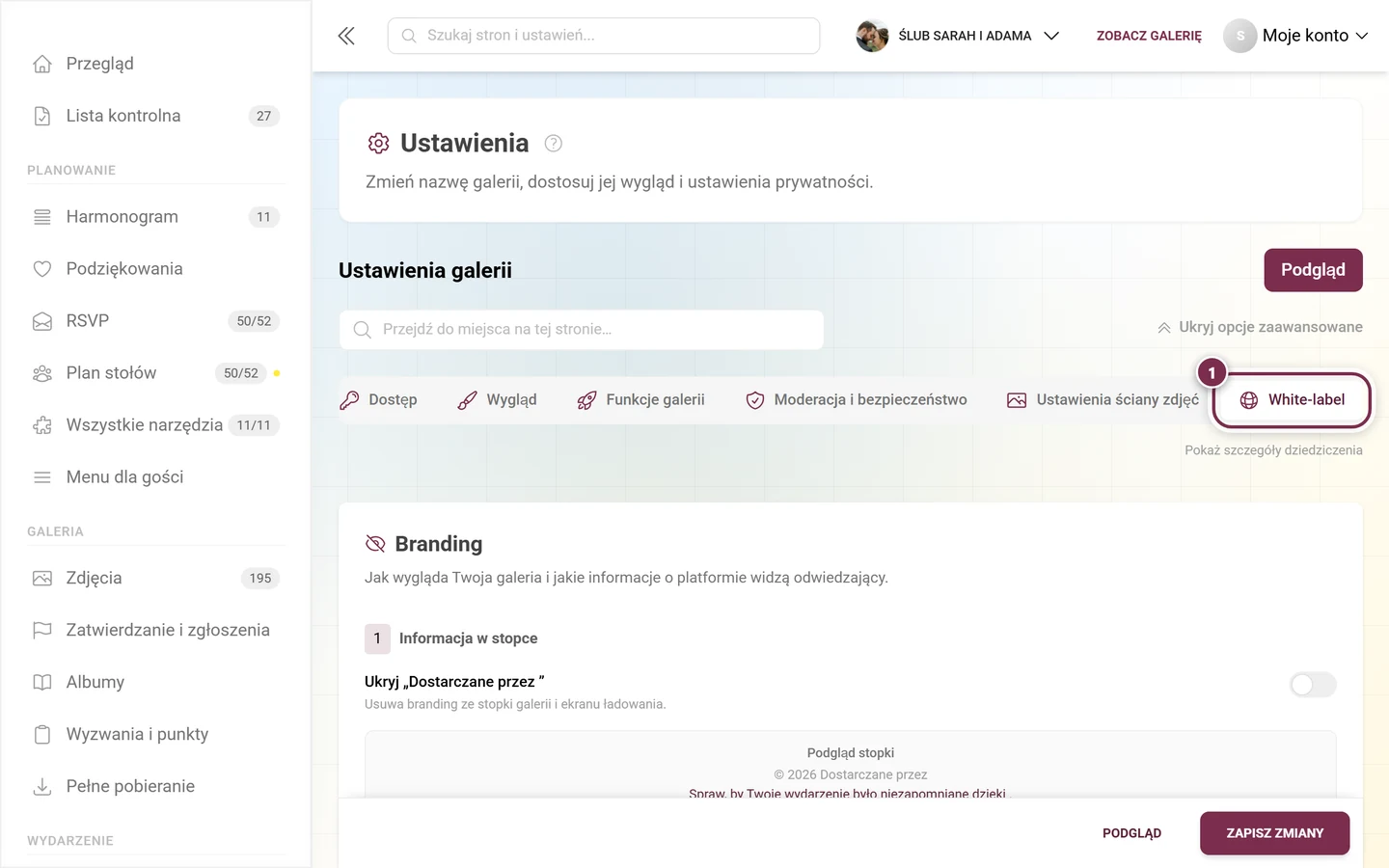 Pasek kart ustawień z wyróżnioną kartą White-label