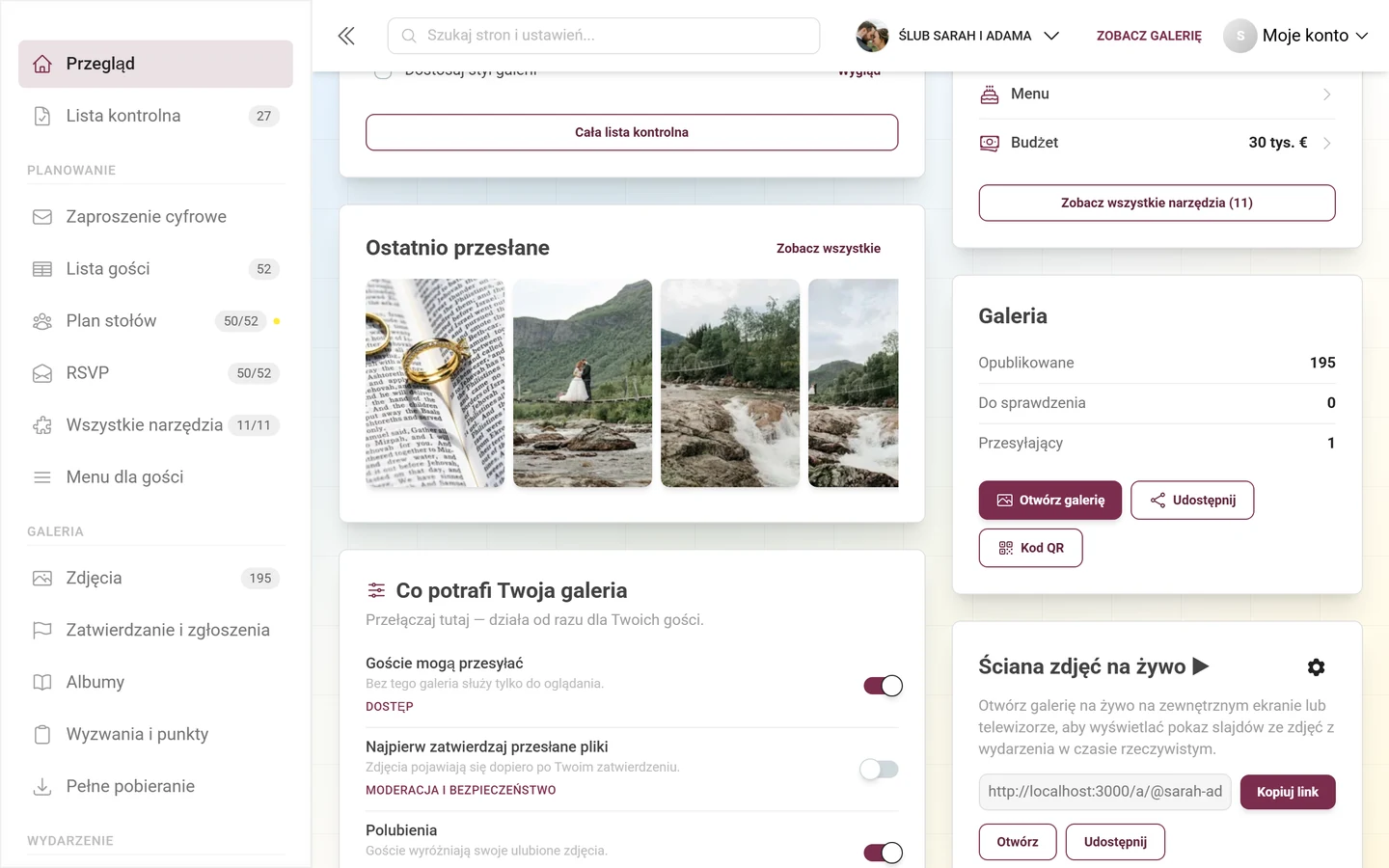 Karta „Galeria” z liczbami i przyciskami Otwórz galerię, Udostępnij, Kod QR