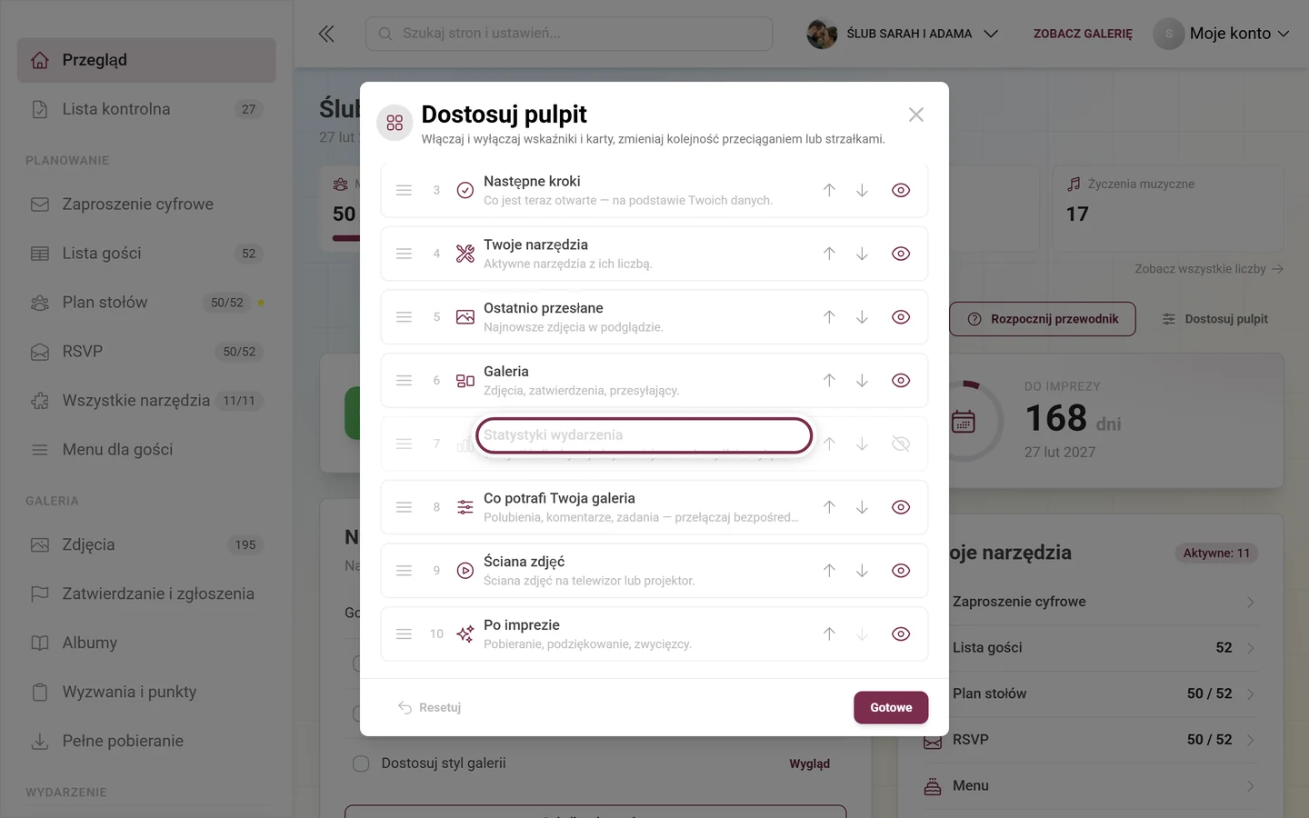 Okno Dostosuj pulpit z zaznaczoną kartą Statystyki wydarzenia