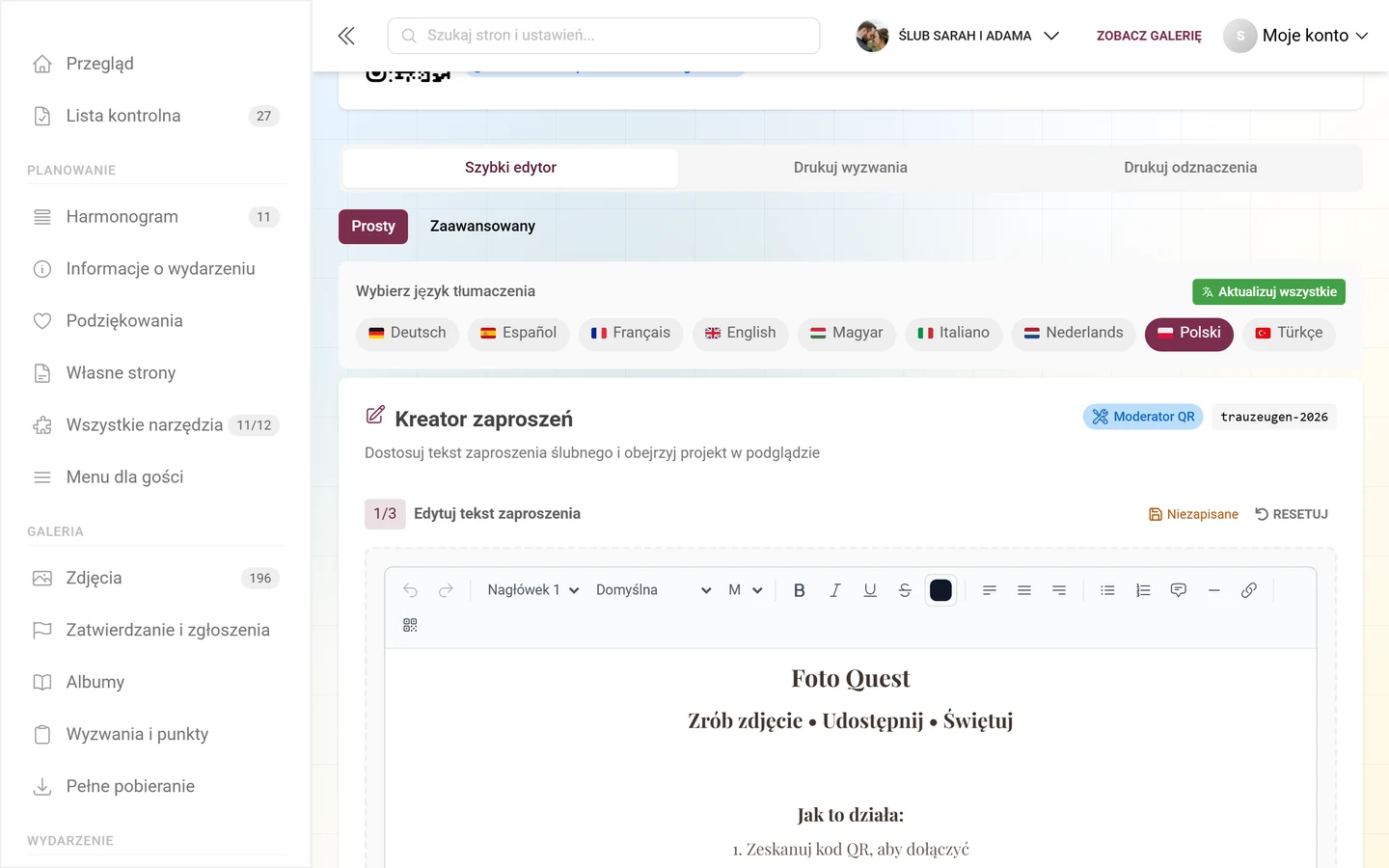 Szybki edytor szablonów z paskiem narzędzi do dodawania tekstu i projektowania zaproszenia