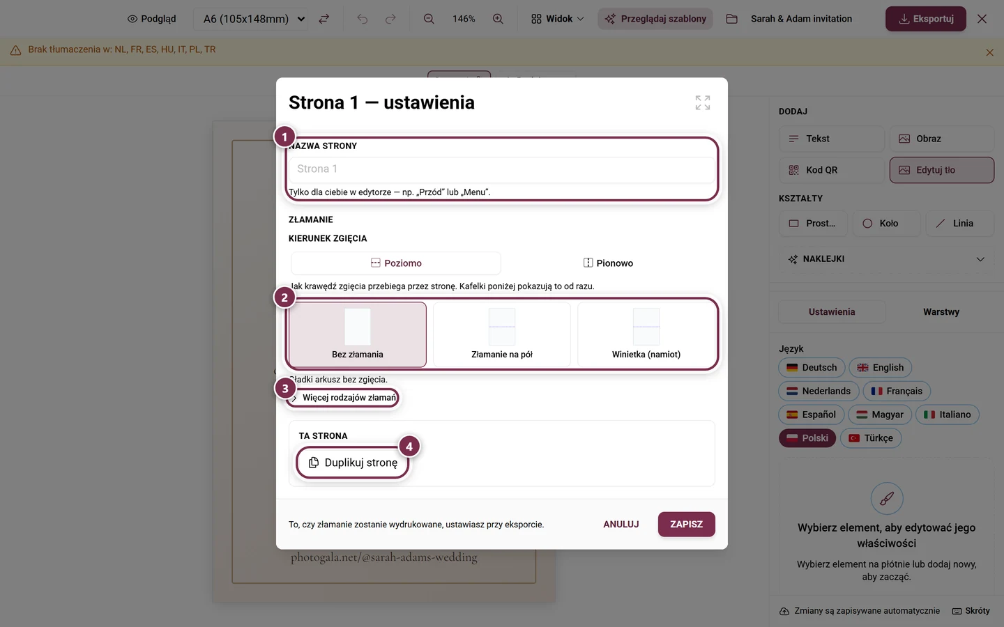 Okno Strona 1 - ustawienia z nazwą strony i trzema rodzajami złamań