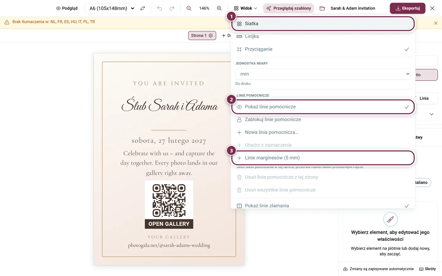Otwarte menu Widok z siatką, linijką, przyciąganiem, jednostką miary i wszystkimi opcjami linii pomocniczych
