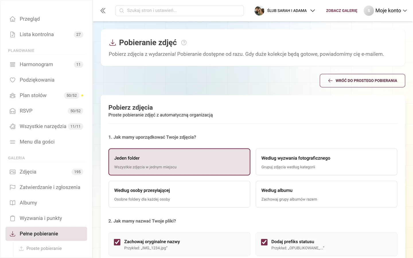Pobieranie zaawansowane ze strukturą folderów, filtrami i wyborem dla eksportu ZIP