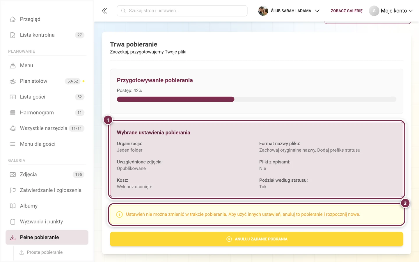 Podsumowanie wybranych ustawień pobierania i żółta informacja o blokadzie, oba zaznaczone