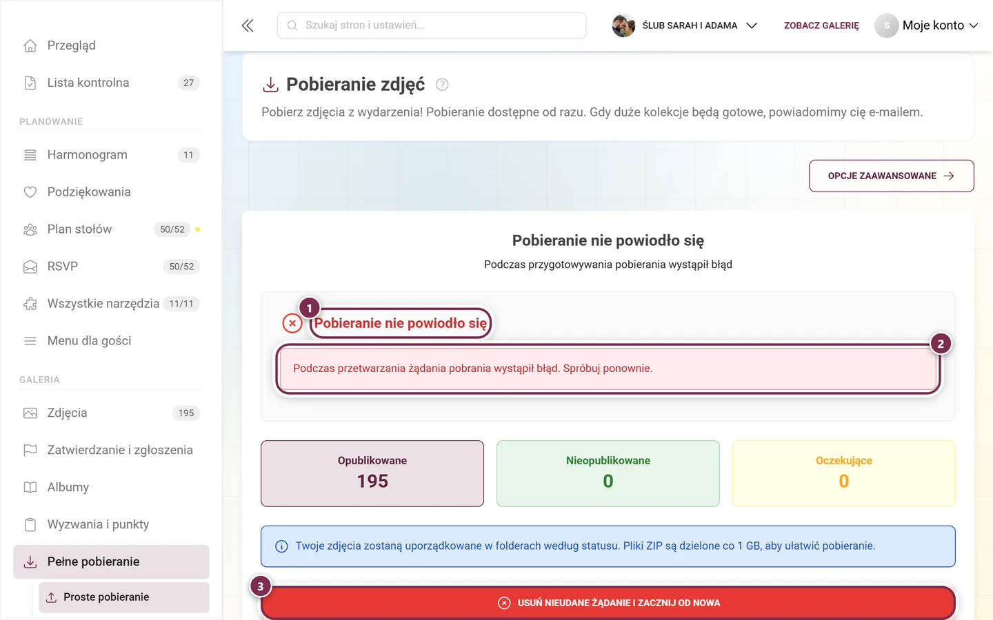 Ekran błędu z nagłówkiem Pobieranie nie powiodło się, komunikatem o błędzie i czerwonym przyciskiem ponownego uruchomienia, wszystkie zaznaczone
