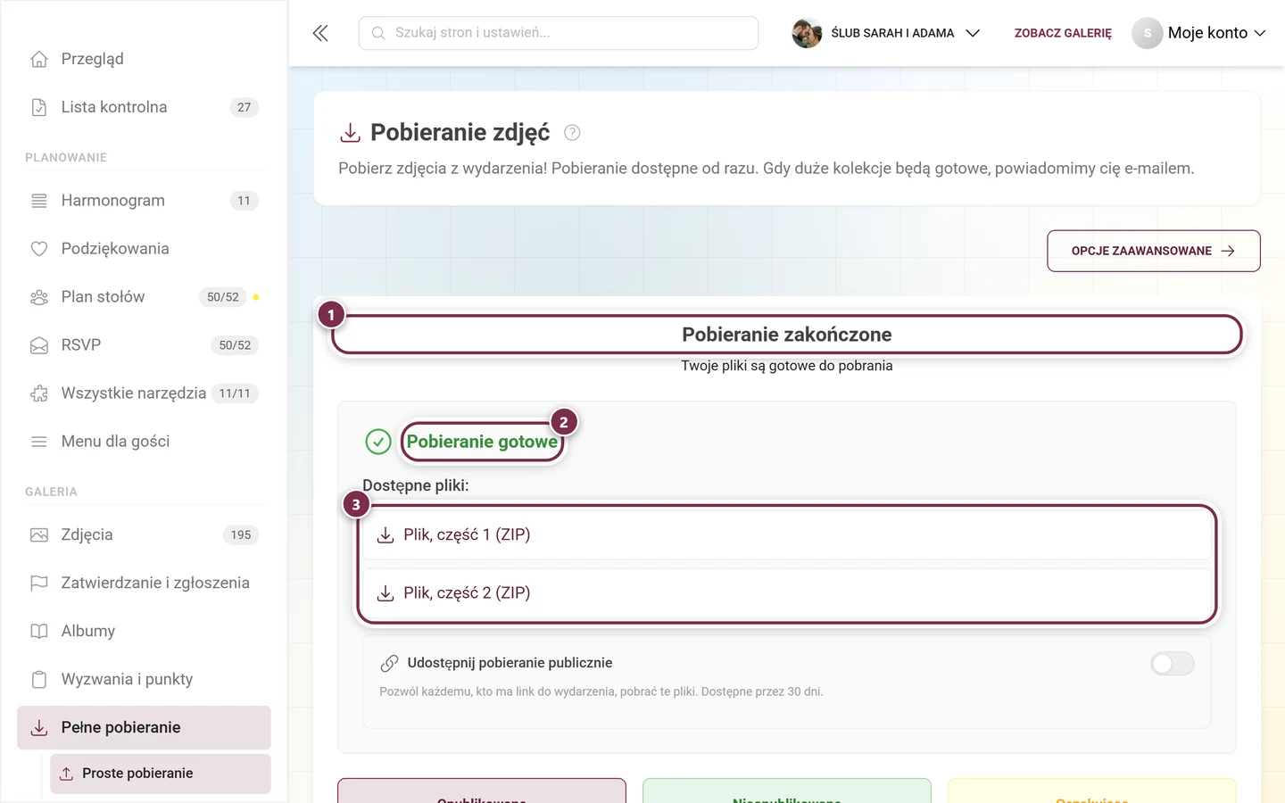 Ekran wyniku z nagłówkiem Pobieranie zakończone, zielonym dopiskiem Pobieranie gotowe i dwiema częściami ZIP, wszystkie zaznaczone