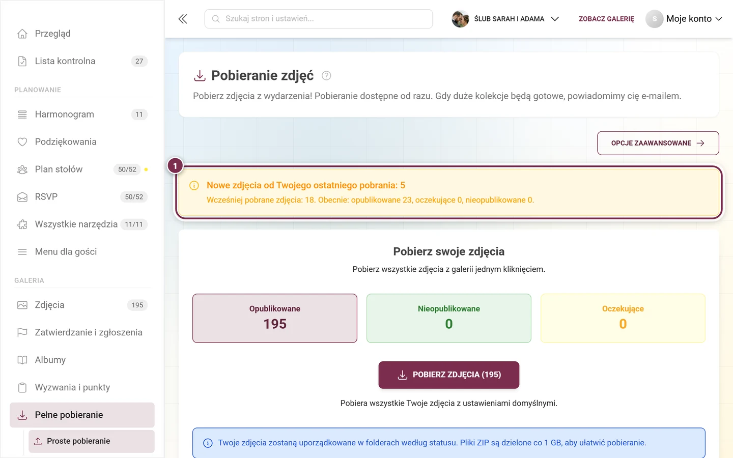 Żółty baner z informacją o nowych zdjęciach od ostatniego pobrania, zaznaczony
