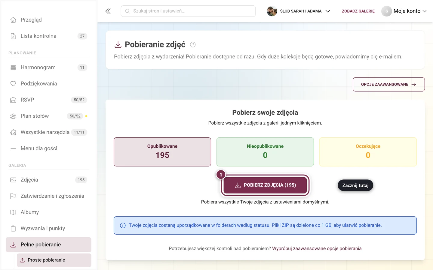 Przycisk pobierania z liczbą zdjęć, zaznaczony