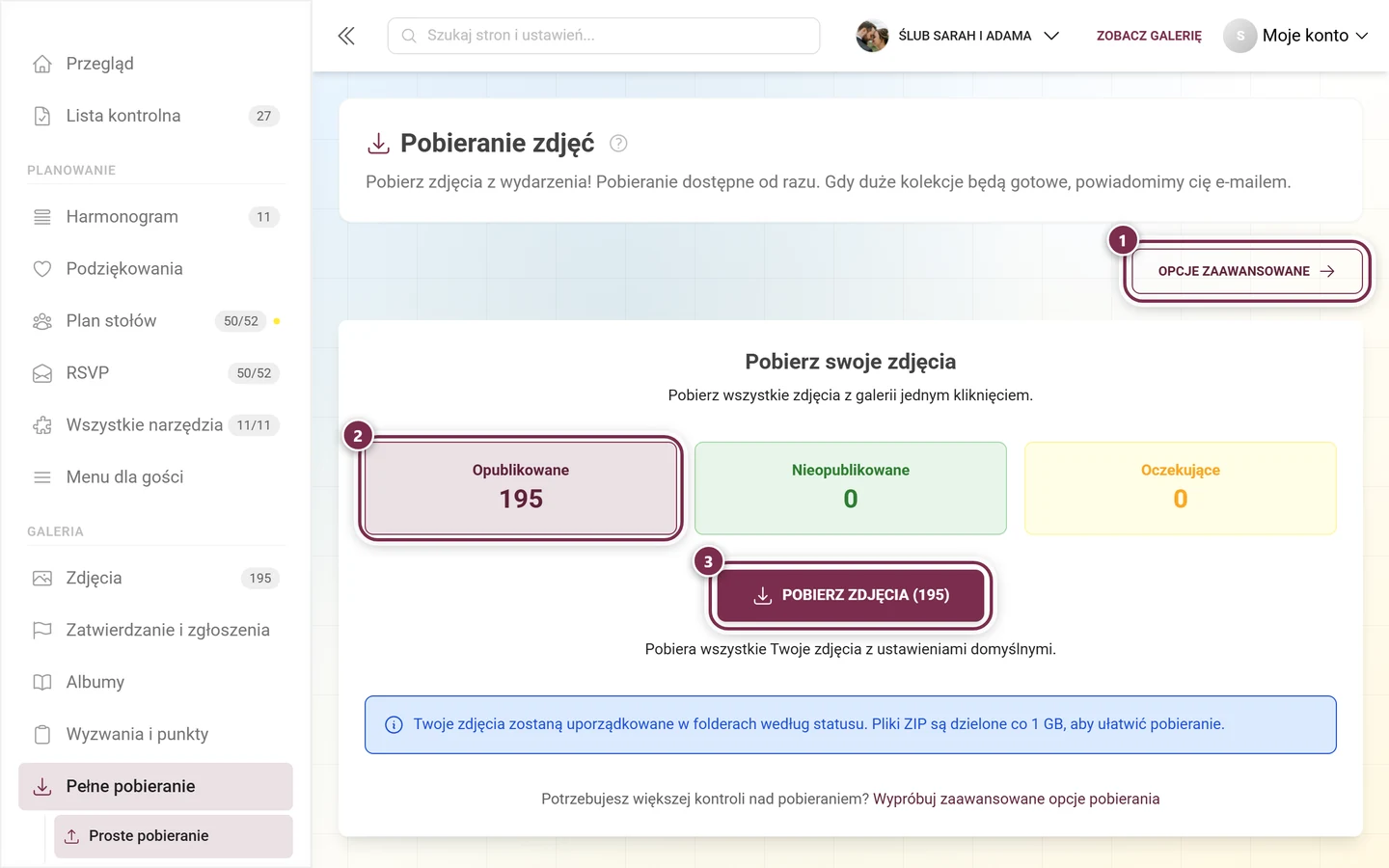 Strona pobierania w panelu administratora, zaznaczone są przycisk Opcje zaawansowane, kafelek Opublikowane i przycisk pobierania