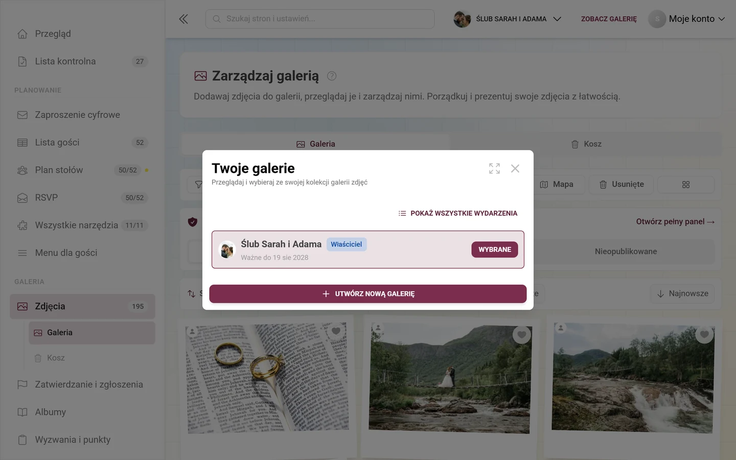 Okno Twoje galerie z jedną galerią, odznaką roli Właściciel i przyciskiem Utwórz nową galerię