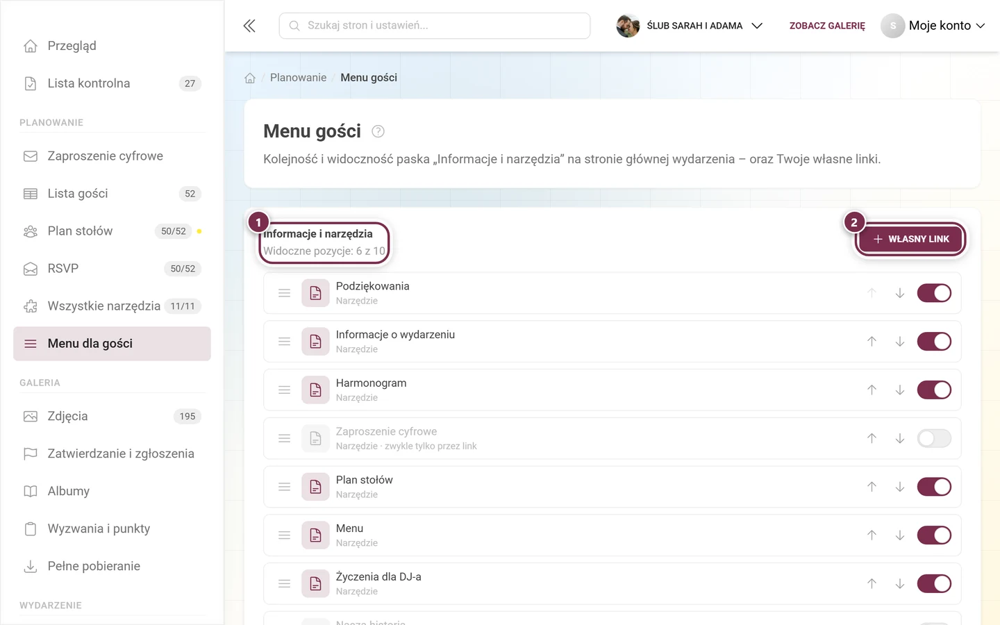 Edytor menu dla gości z nagłówkiem, licznikiem, przyciskiem Własny link i listą z możliwością sortowania