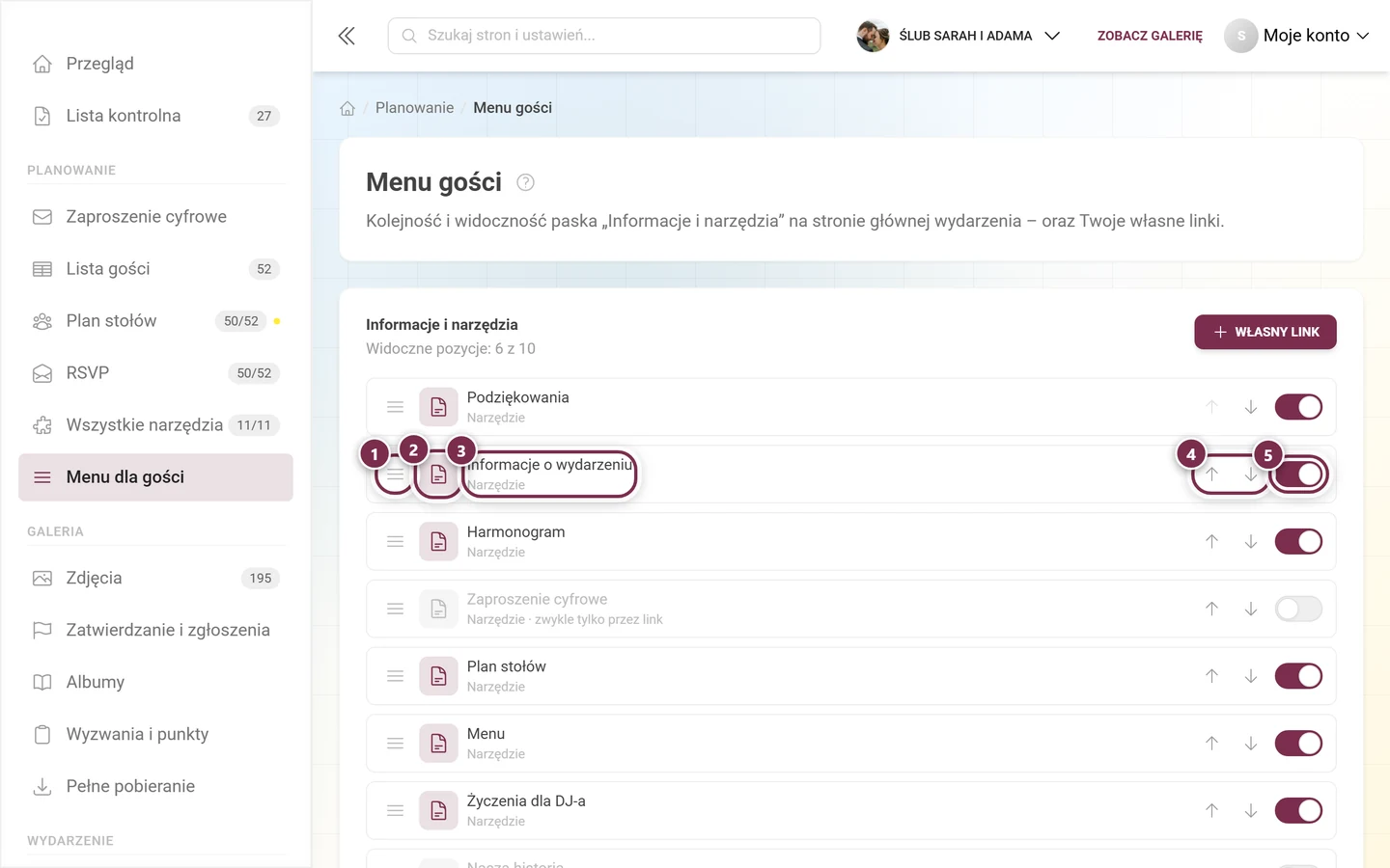 Wiersz menu dla gości z uchwytem, ikoną, etykietą, strzałkami i przełącznikiem
