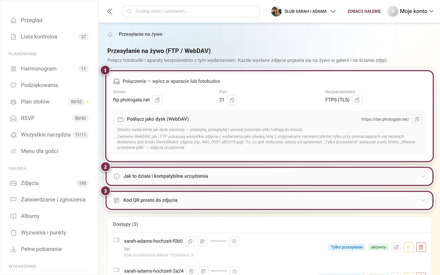 Strona przesyłania na żywo z zaznaczoną kartą połączenia i dwiema rozwijanymi sekcjami