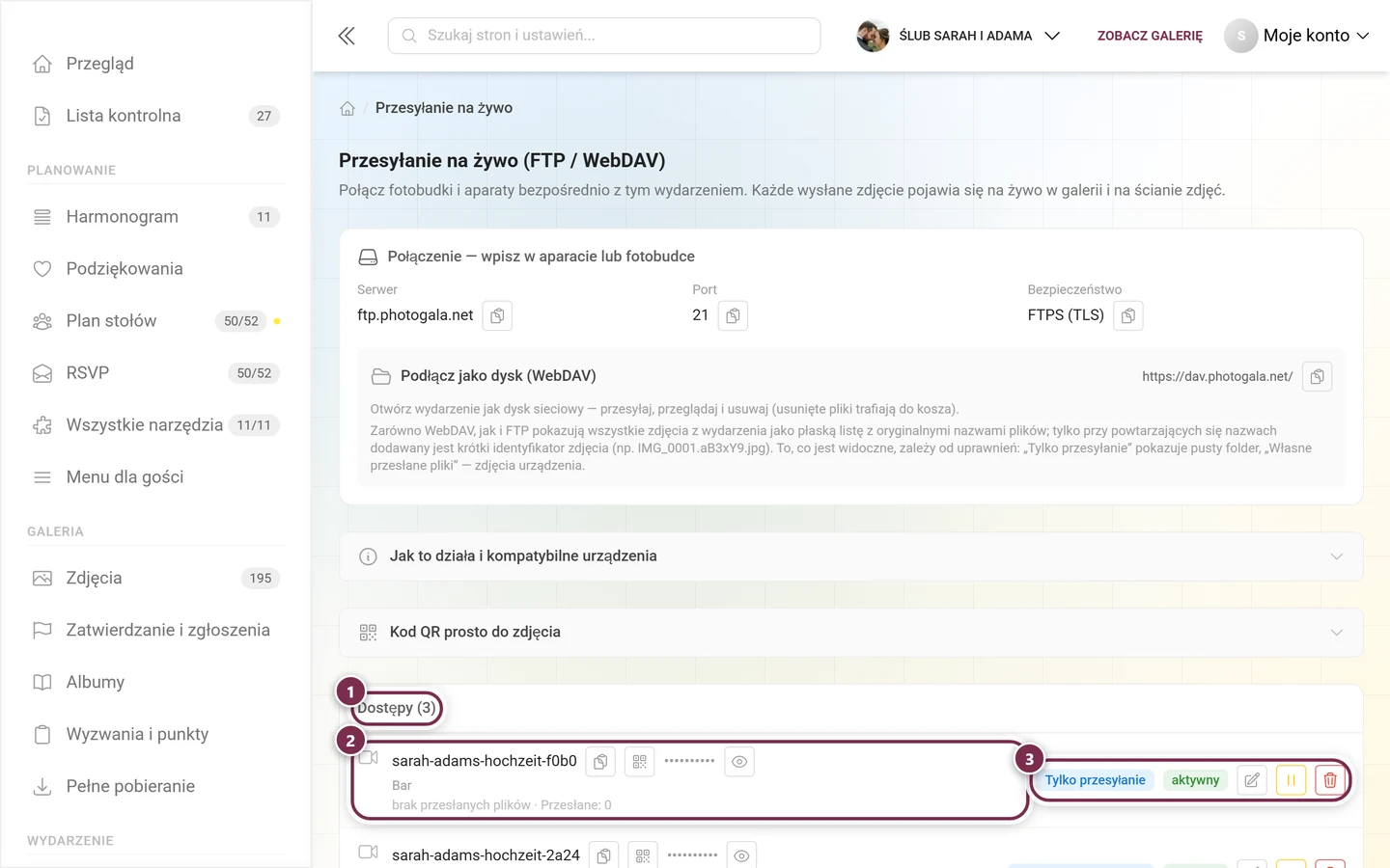 Lista utworzonych dostępów z zaznaczonym nagłówkiem i jednym zaznaczonym wierszem