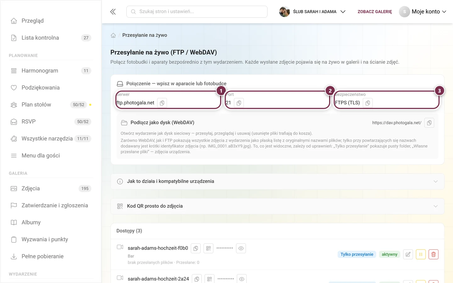 Karta połączenia z zaznaczonymi polami Serwer, Port i Bezpieczeństwo